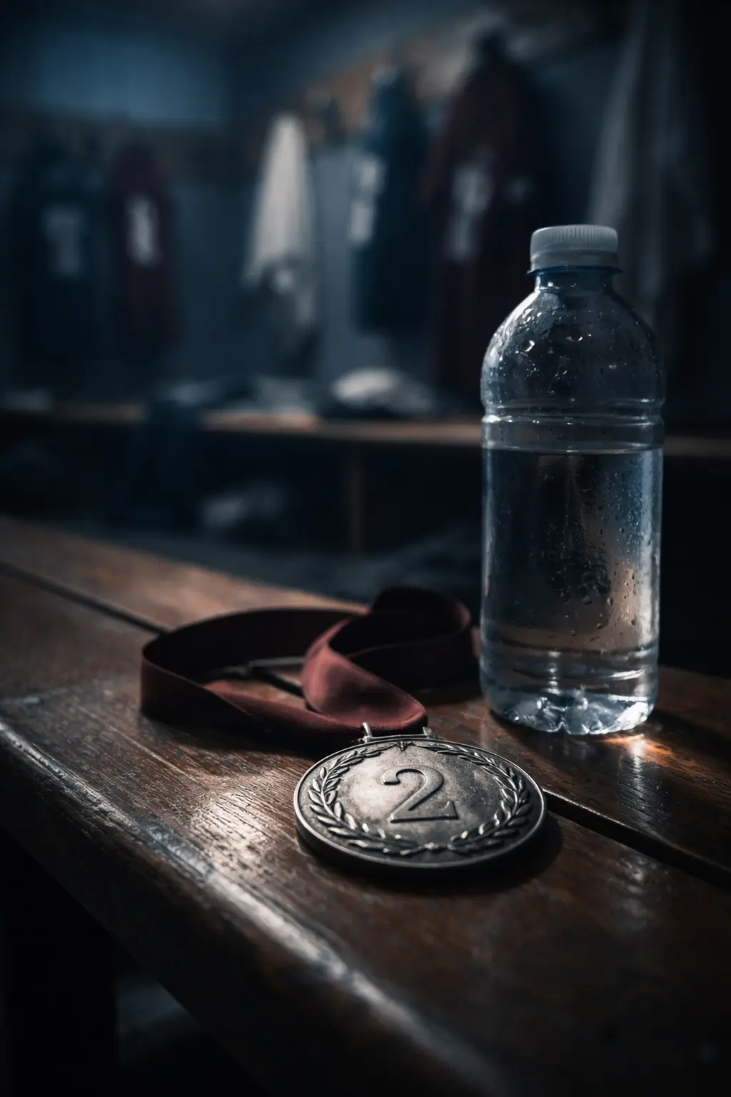 A close-up of a silver second-place medal with a red ribbon lying on a wooden locker room bench next to a water bottle.
