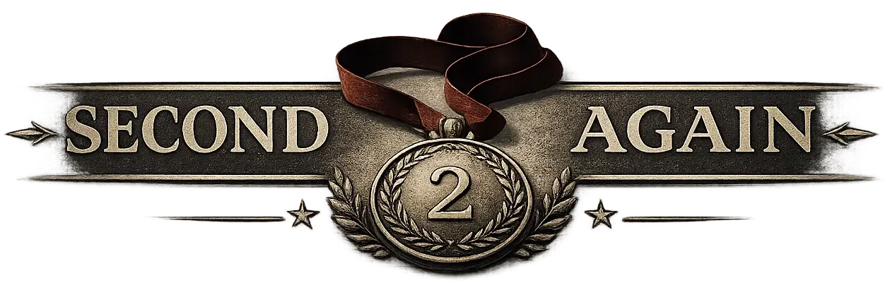 Horizontal banner logo for Second Again, featuring a silver medal with the number 2 and the brand name in a classic bronze and silver finish.